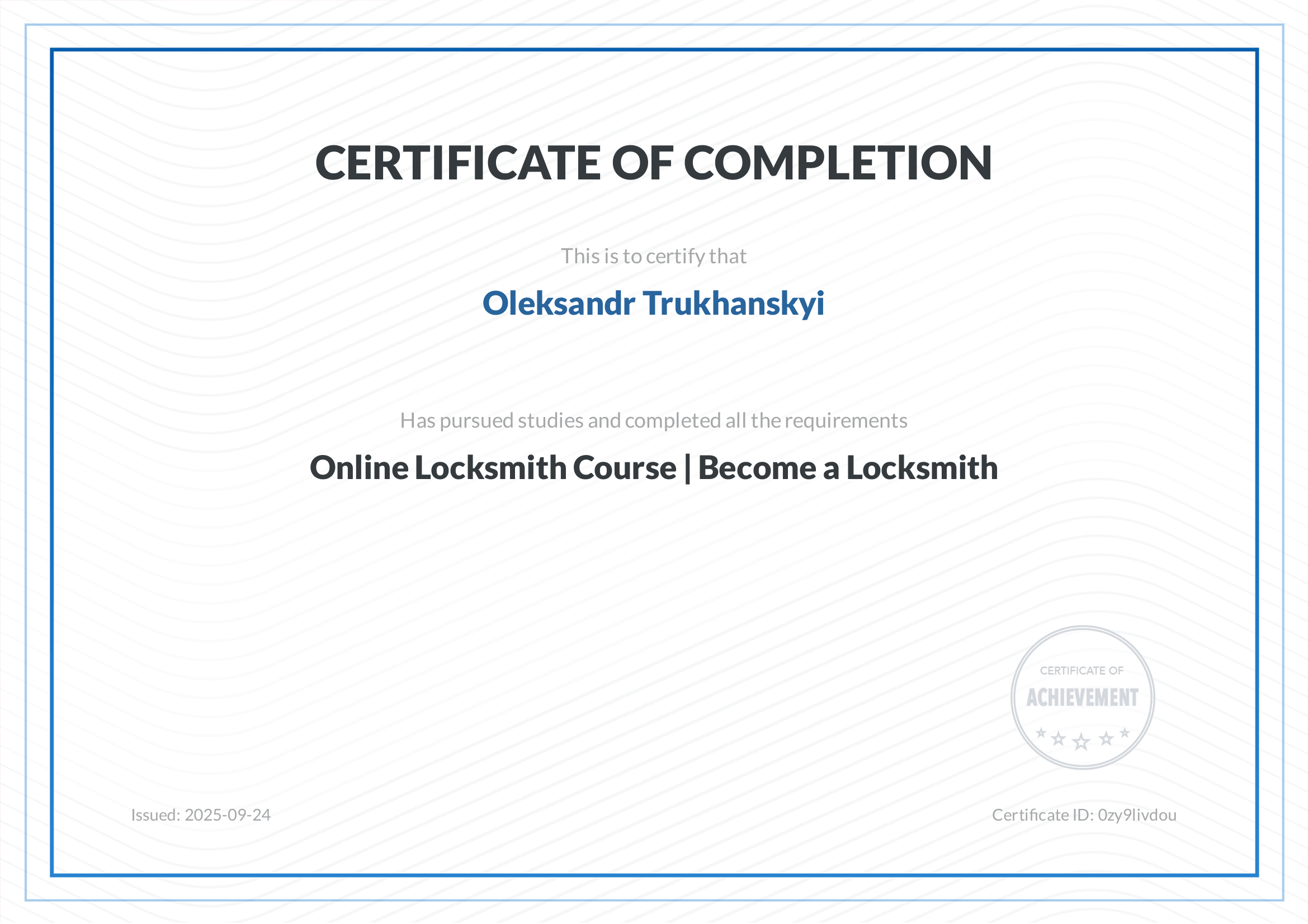 Locksmith training certificate — Alex Mobile Locksmith Moncton