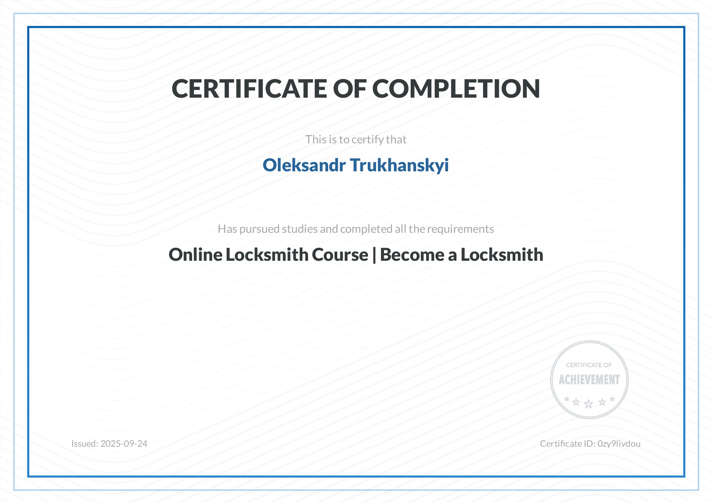 Certificat de formation en serrurerie — Alex Mobile Locksmith Moncton